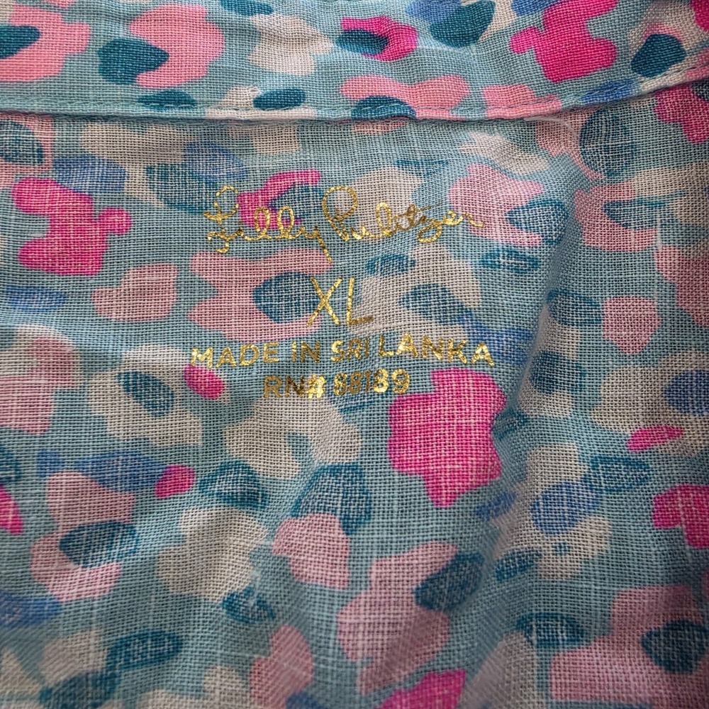 Lilly Pulitzer Sea View Linen Button Down Shirt XL Hottie Dottie Pink Blue - Picture 5 of 5